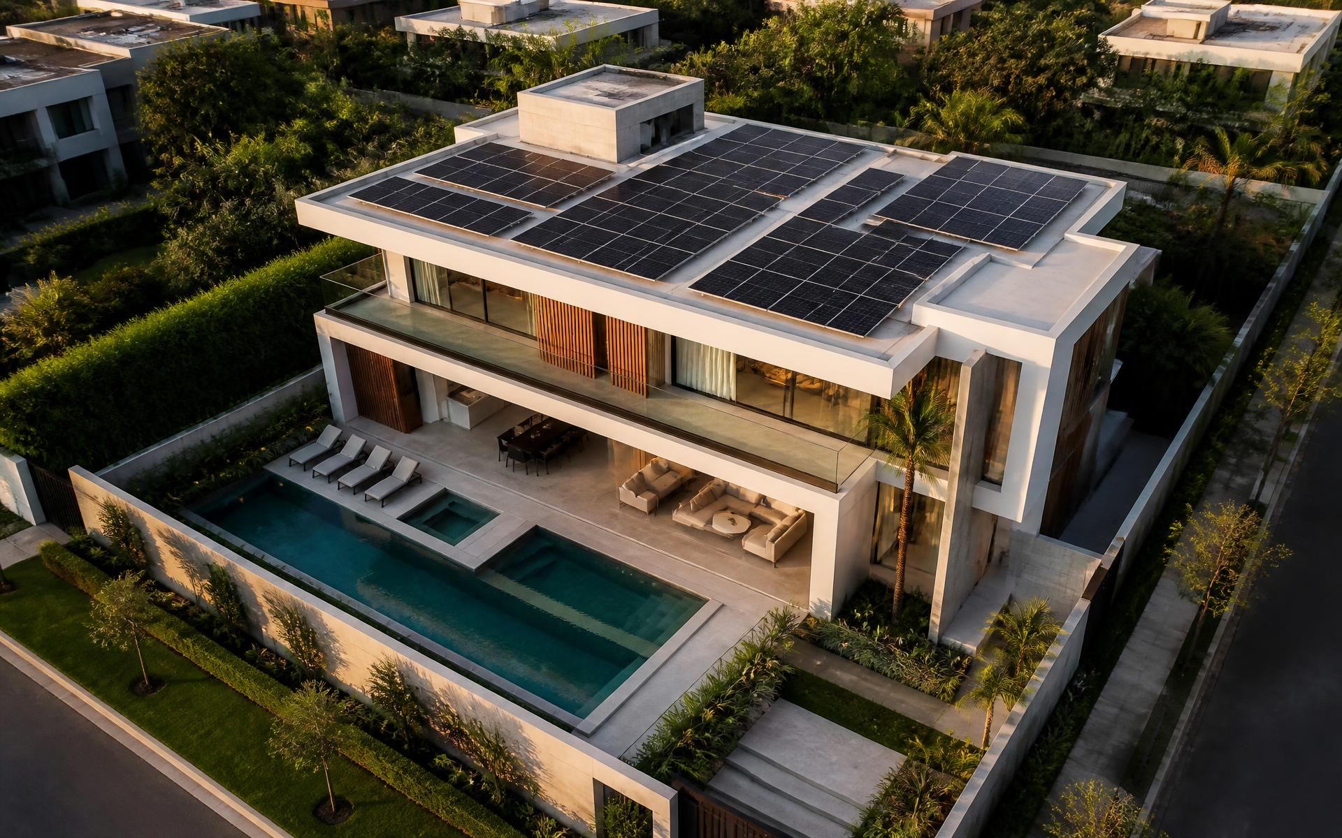 Vista aérea de residência contemporânea com sistema fotovoltaico instalado